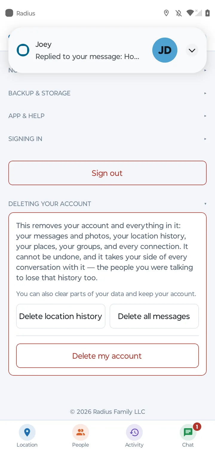 The bottom of Settings: Deleting your account opened, with Delete location history and Delete all messages side by side, and Delete my account beneath them